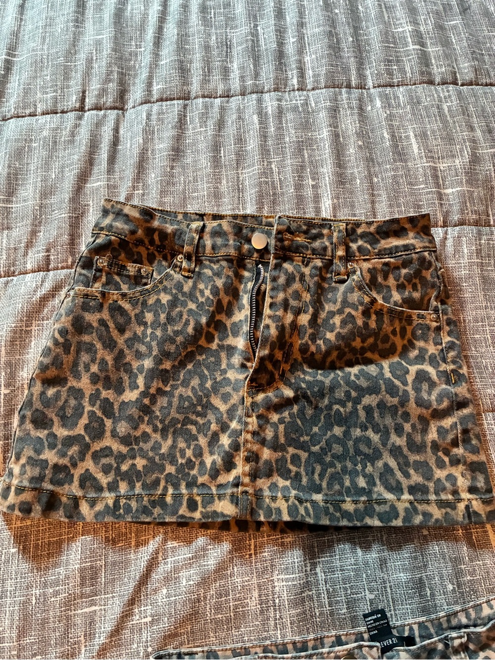 Leopard Print Denim Mini Skirt - Brown/Black